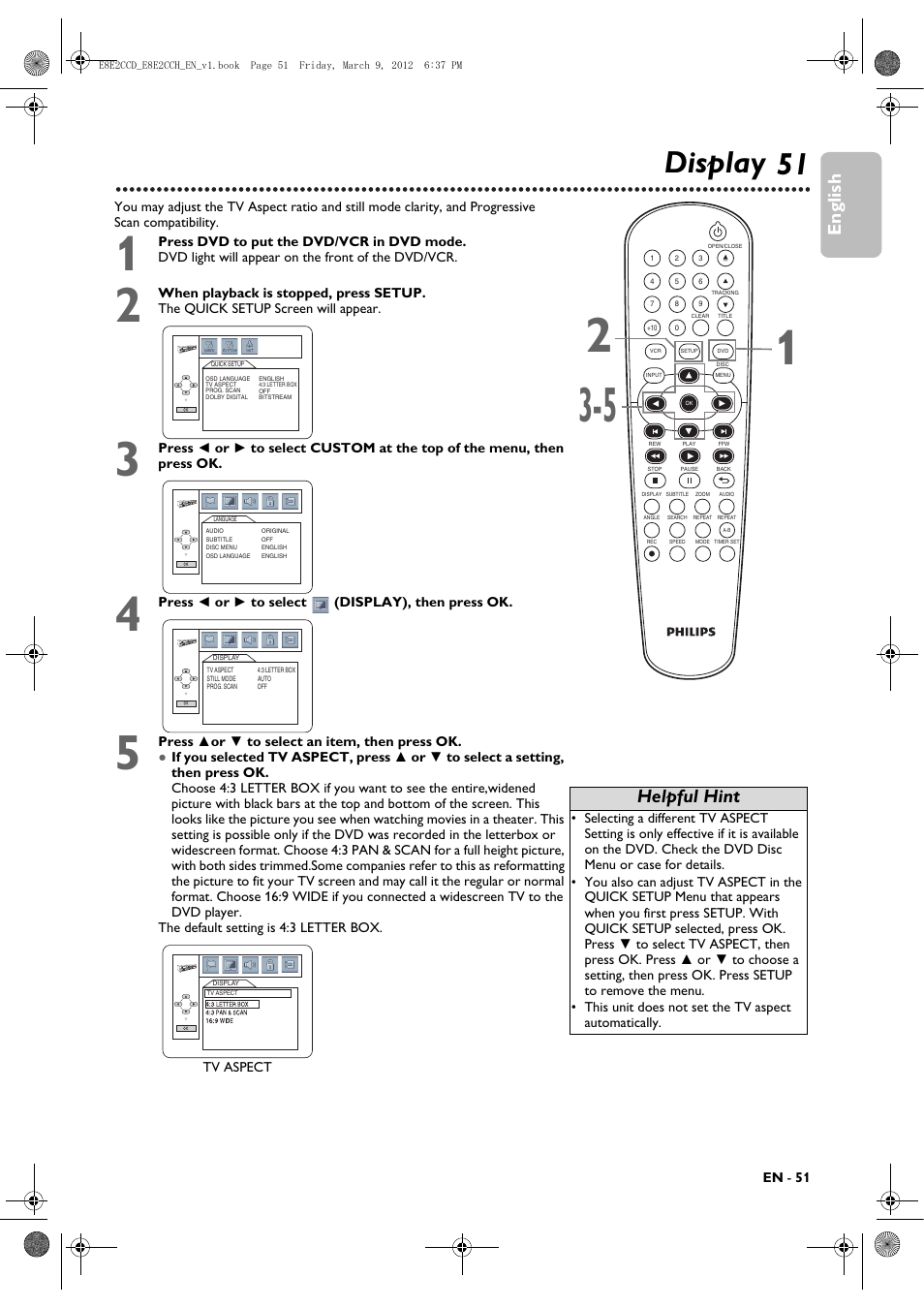 Display, 51 display, English | Helpful hint | Philips DVP3345VB User Manual | Page 51 / 66