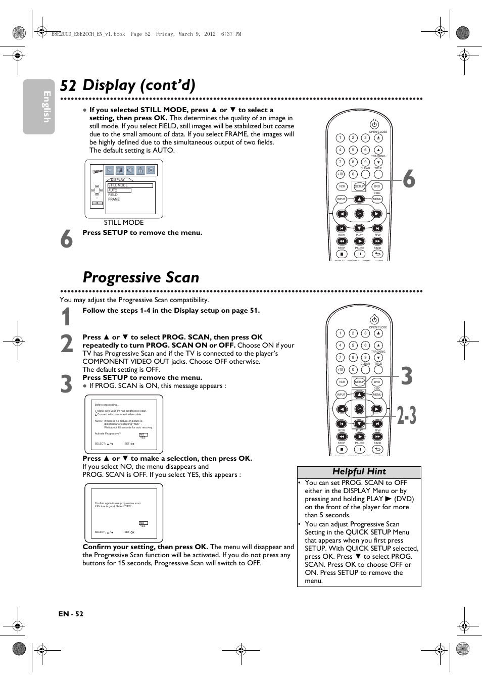 Progressive scan, 52 display (cont’d) progressive scan, English | Helpful hint | Philips DVP3345VB User Manual | Page 52 / 66