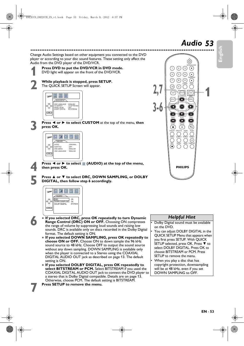 Audio, 53 audio, English | Helpful hint | Philips DVP3345VB User Manual | Page 53 / 66