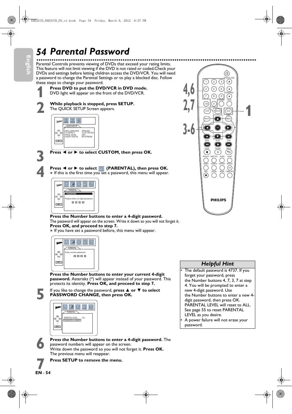 Parental password, 54 parental password, English | Helpful hint | Philips DVP3345VB User Manual | Page 54 / 66