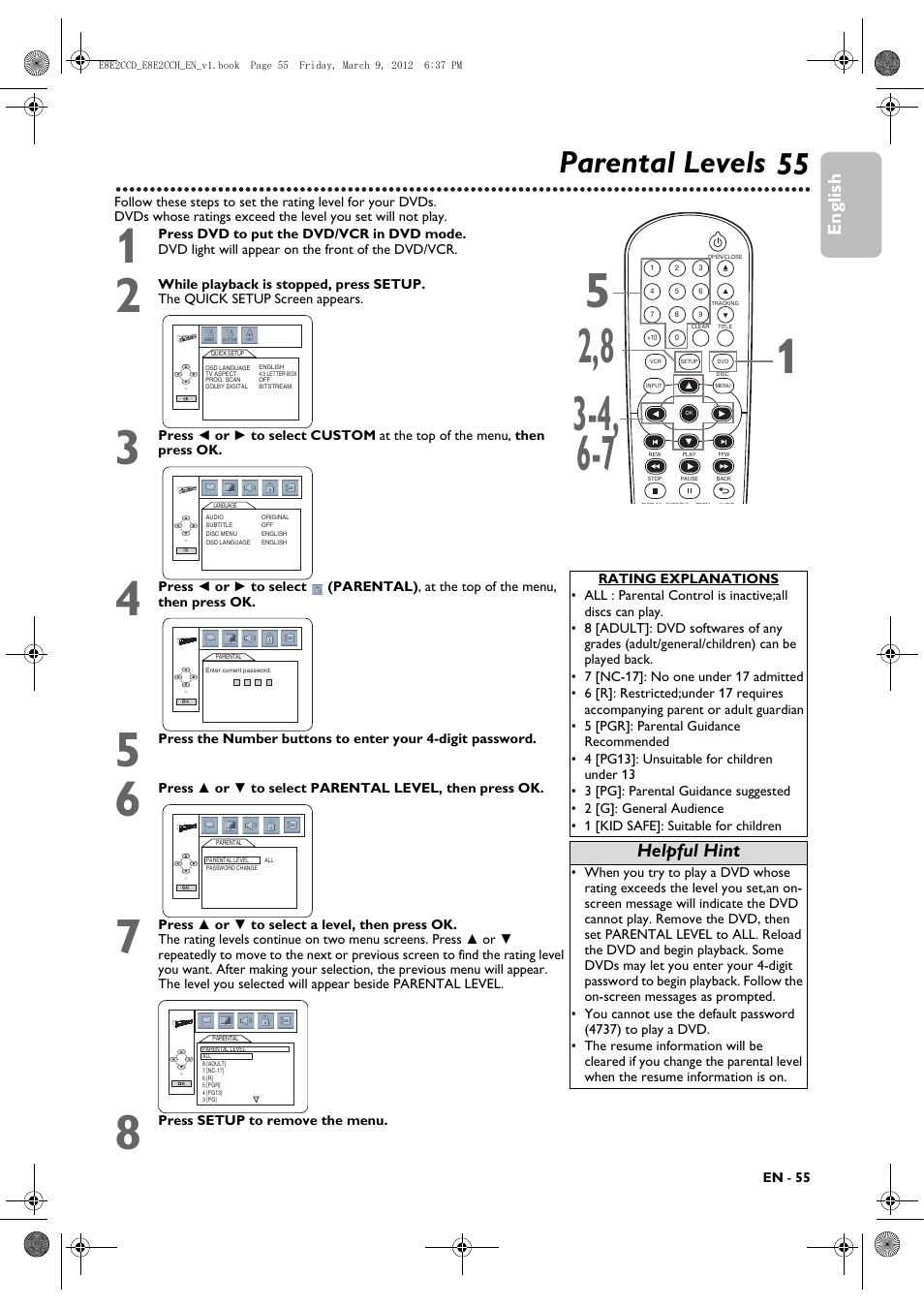 Parental levels, 55 parental levels, English | Helpful hint | Philips DVP3345VB User Manual | Page 55 / 66