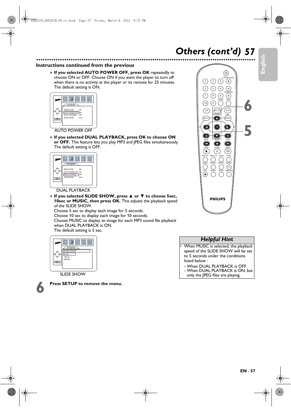 57 others (cont’d), English, Helpful hint | Instructions continued from the previous, En - 57, Press setup to remove the menu, Auto power off, Dual playback, Slide show | Philips DVP3345VB User Manual | Page 57 / 66