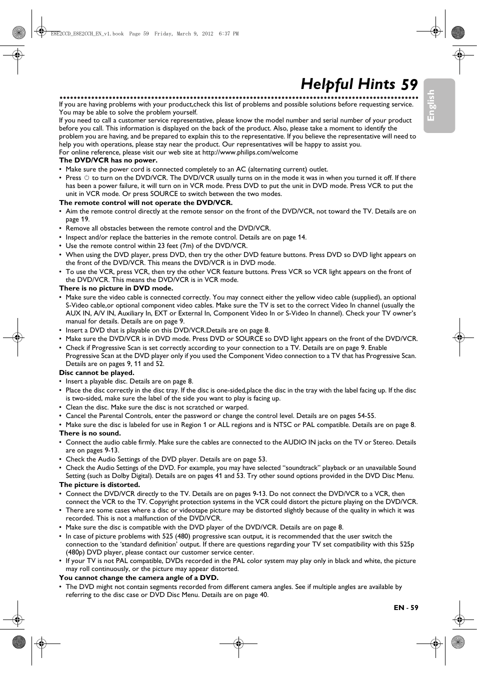 Helpful hints, 59 helpful hints, English | Philips DVP3345VB User Manual | Page 59 / 66