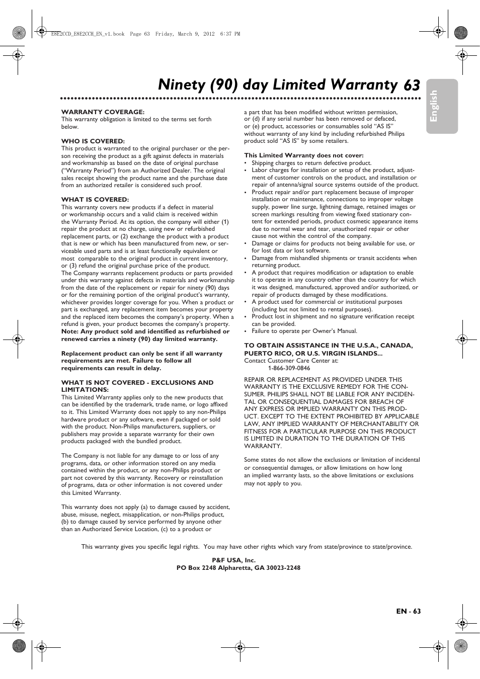 Ninety (90) day limited warranty, 63 ninety (90) day limited warranty, English | Philips DVP3345VB User Manual | Page 63 / 66