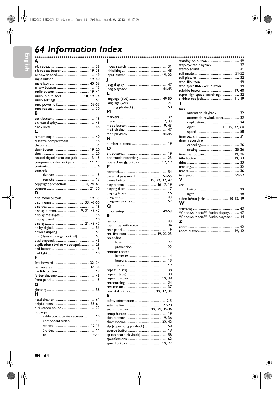 Information index, English | Philips DVP3345VB User Manual | Page 64 / 66