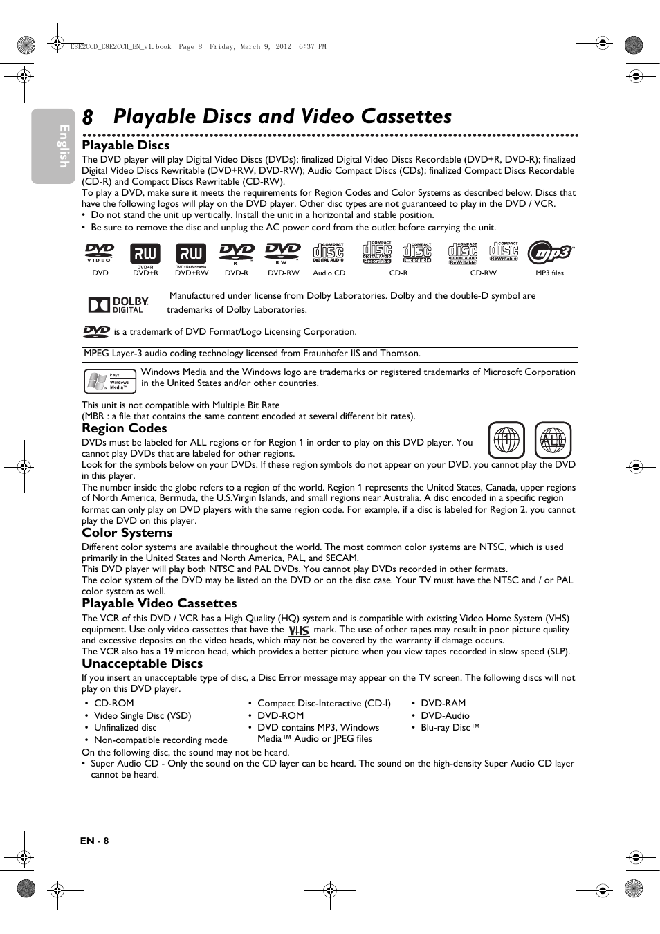 Playable discs and video cassettes, 8 playable discs and video cassettes, English | Playable discs, Region codes, Color systems, Playable video cassettes, Unacceptable discs | Philips DVP3345VB User Manual | Page 8 / 66