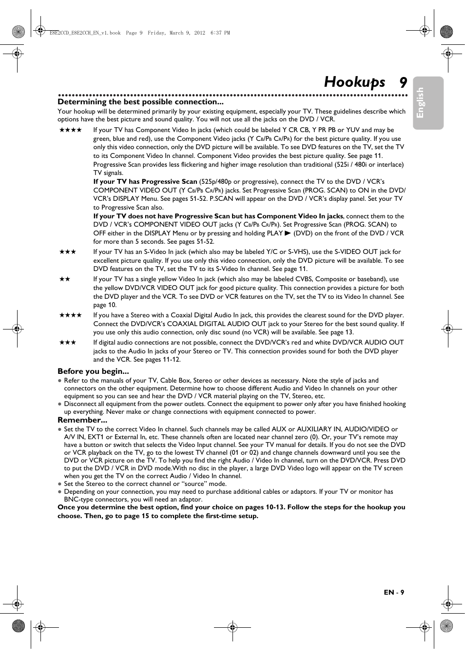 Initial dvd/vcr setup, Hookups, English | Philips DVP3345VB User Manual | Page 9 / 66