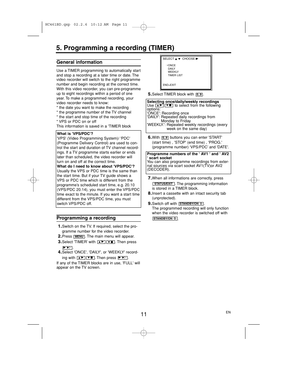 Programming a recording (timer) | Philips VR530/07 User Manual | Page 11 / 16