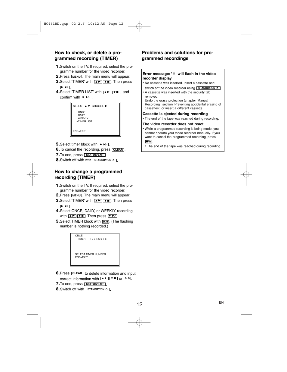 How to change a programmed recording (timer), Problems and solutions for pro- grammed recordings | Philips VR530/07 User Manual | Page 12 / 16