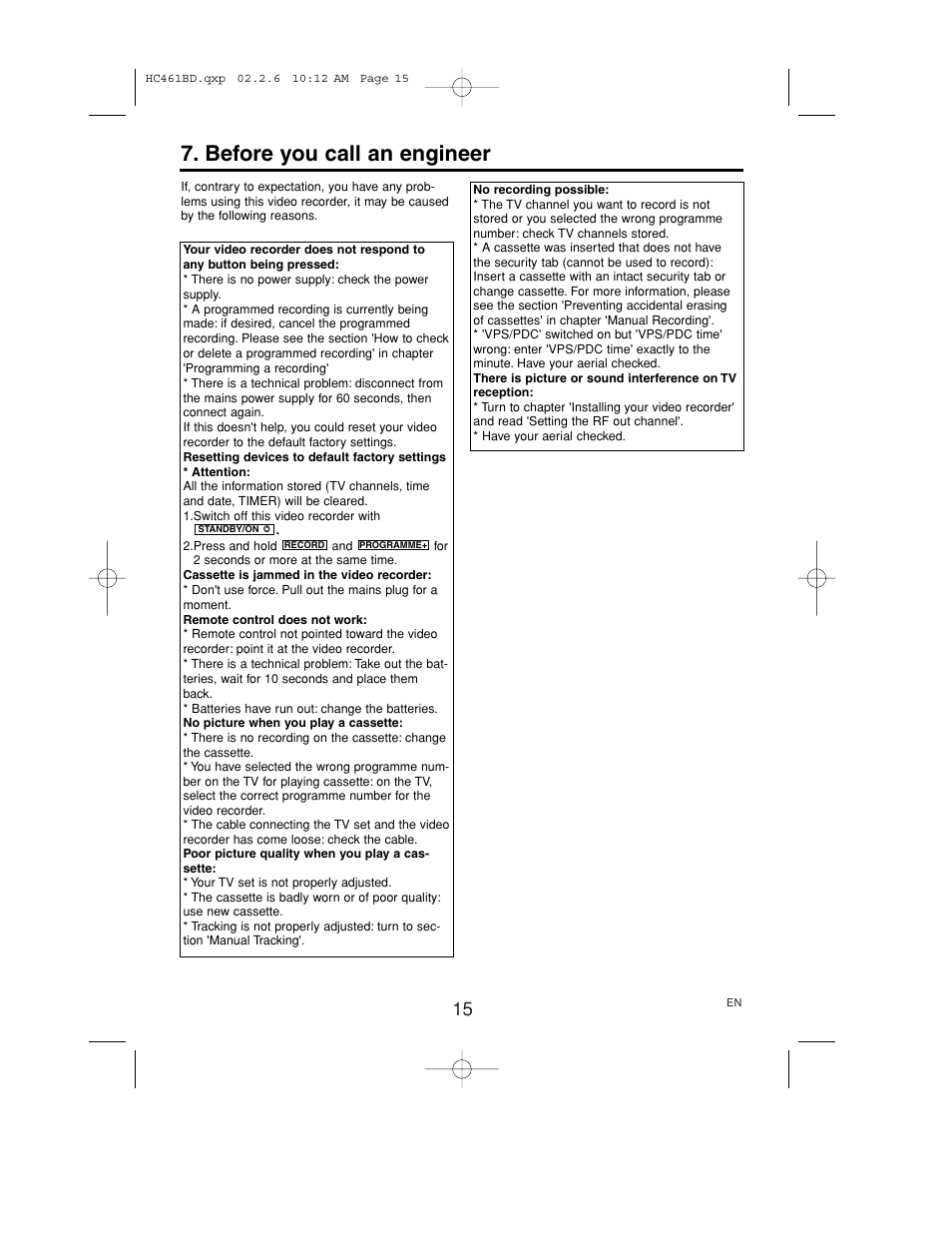 Before you call an engineer | Philips VR530/07 User Manual | Page 15 / 16