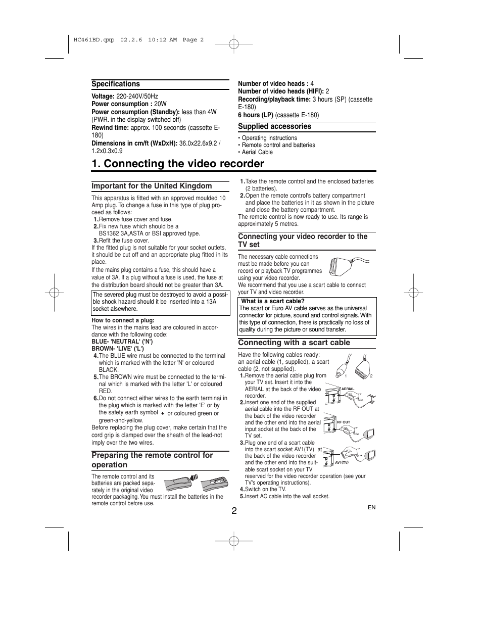 Connecting the video recorder | Philips VR530/07 User Manual | Page 2 / 16