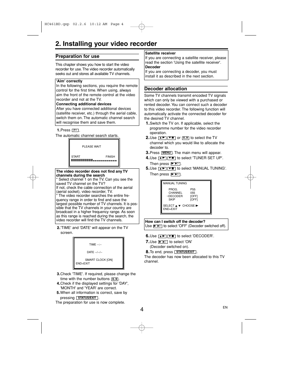 Installing your video recorder, Preparation for use, Decoder allocation | Philips VR530/07 User Manual | Page 4 / 16