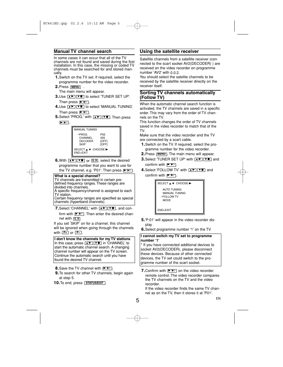 Manual tv channel search, Using the satellite receiver, Sorting tv channels automatically (follow tv) | Philips VR530/07 User Manual | Page 5 / 16