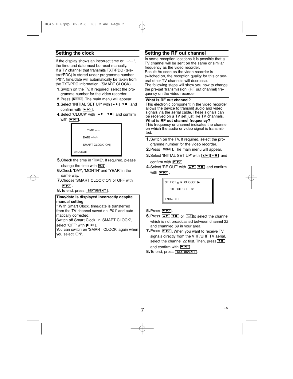 Setting the clock, Setting the rf out channel | Philips VR530/07 User Manual | Page 7 / 16