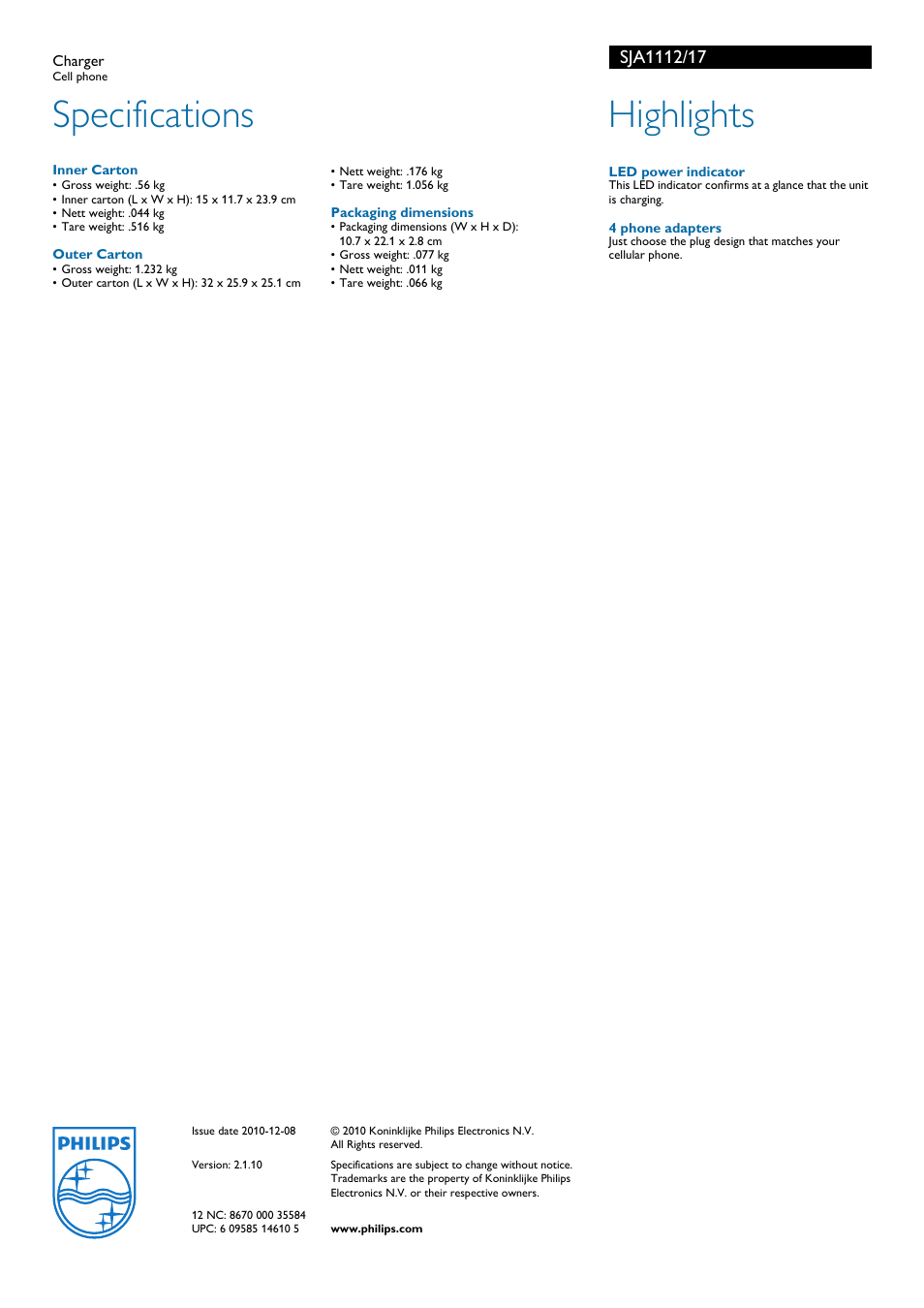 Specifications, Highlights | Philips SJA1112 User Manual | Page 2 / 2