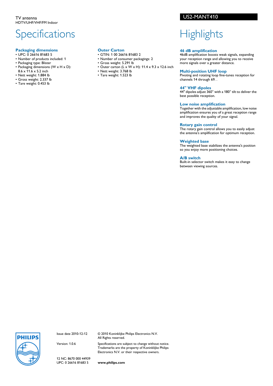 Specifications, Highlights, Us2-mant410 | Philips US2-MANT410 User Manual | Page 2 / 2