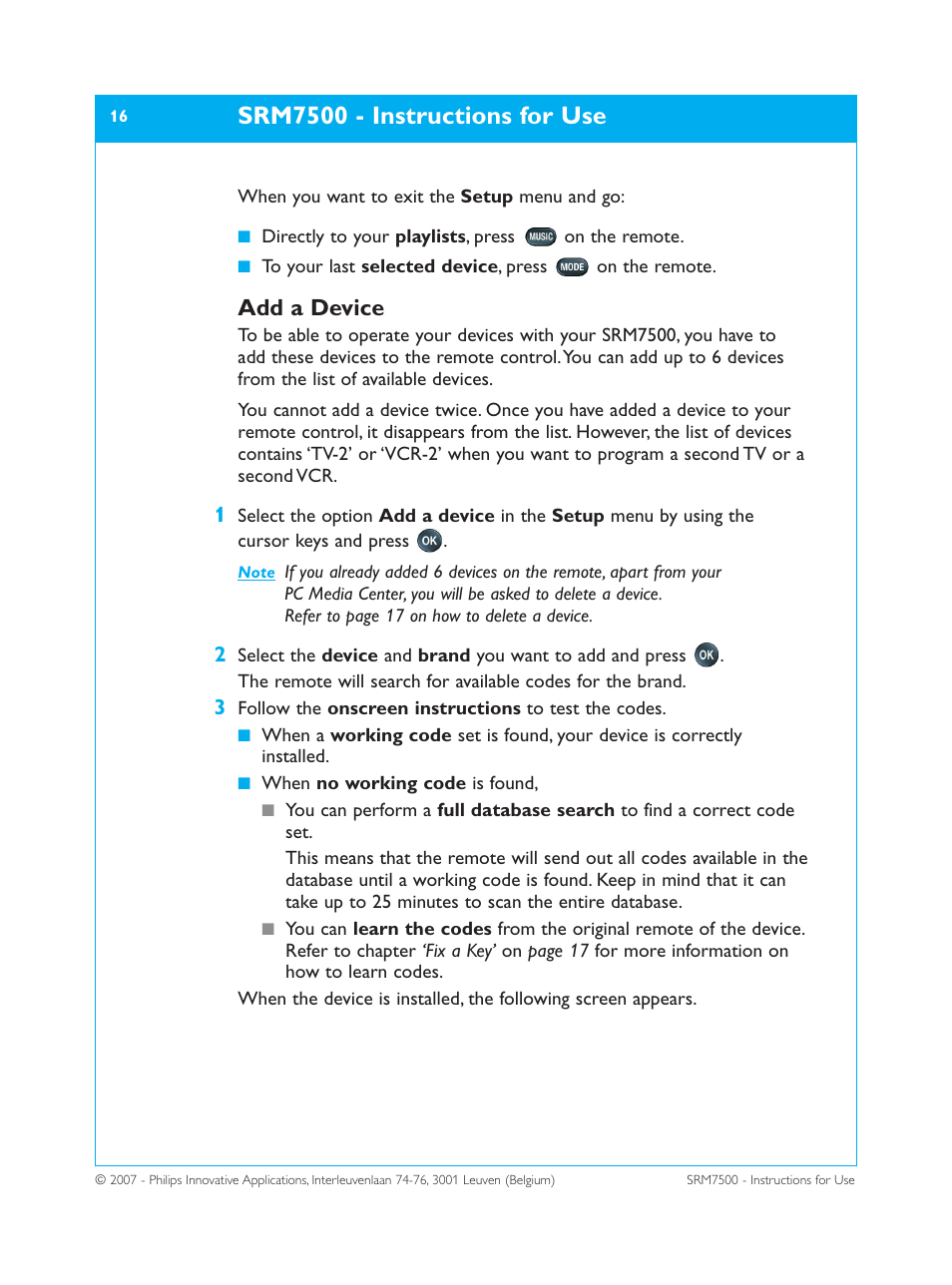 Srm7500 - instructions for use, Add a device | Philips SRM7500 User Manual | Page 16 / 33