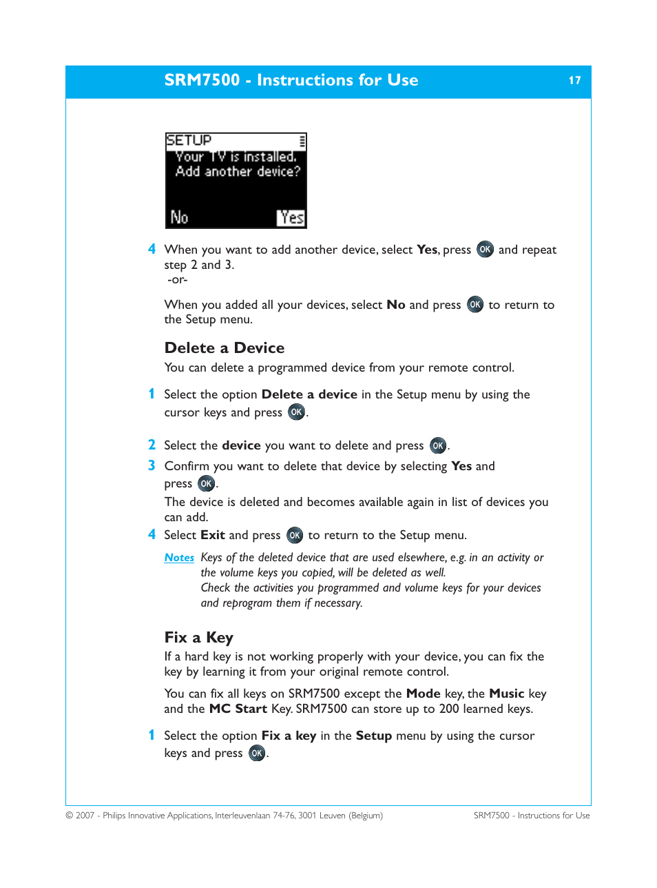 Srm7500 - instructions for use, Delete a device, Fix a key | Philips SRM7500 User Manual | Page 17 / 33
