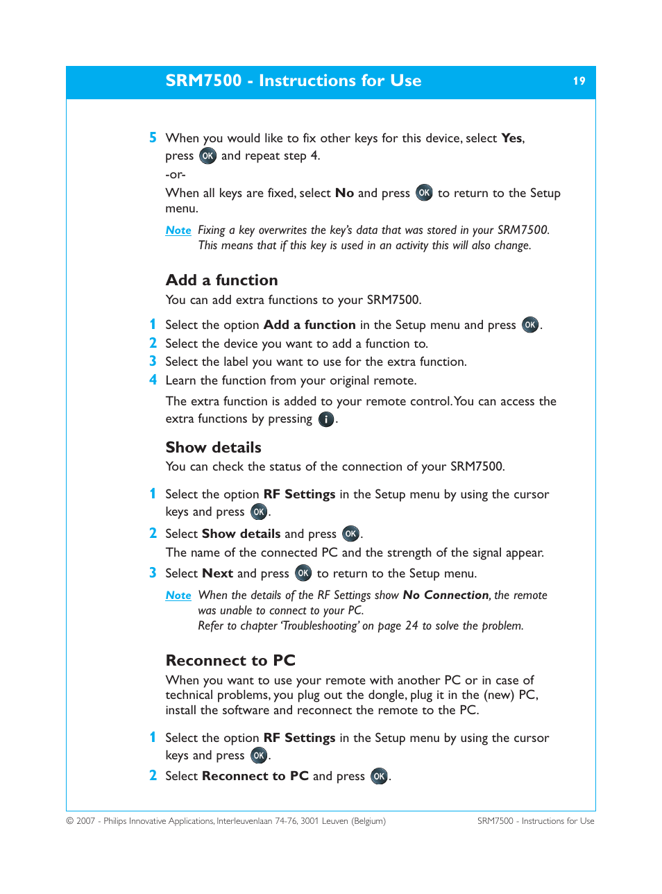 Srm7500 - instructions for use, Add a function, Show details | Reconnect to pc | Philips SRM7500 User Manual | Page 19 / 33
