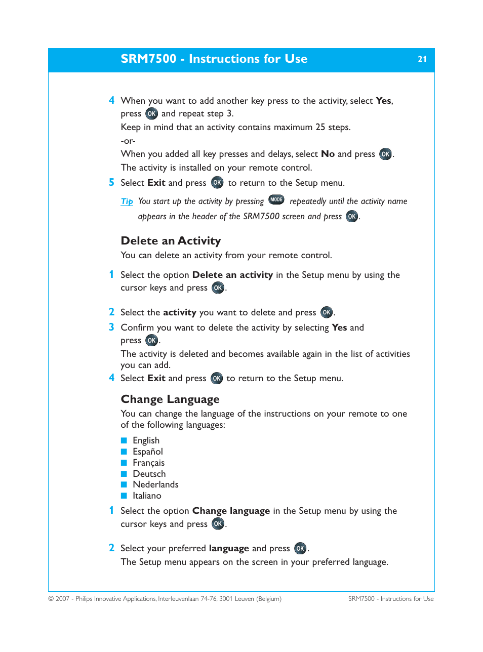 Srm7500 - instructions for use, Delete an activity, Change language | Philips SRM7500 User Manual | Page 21 / 33