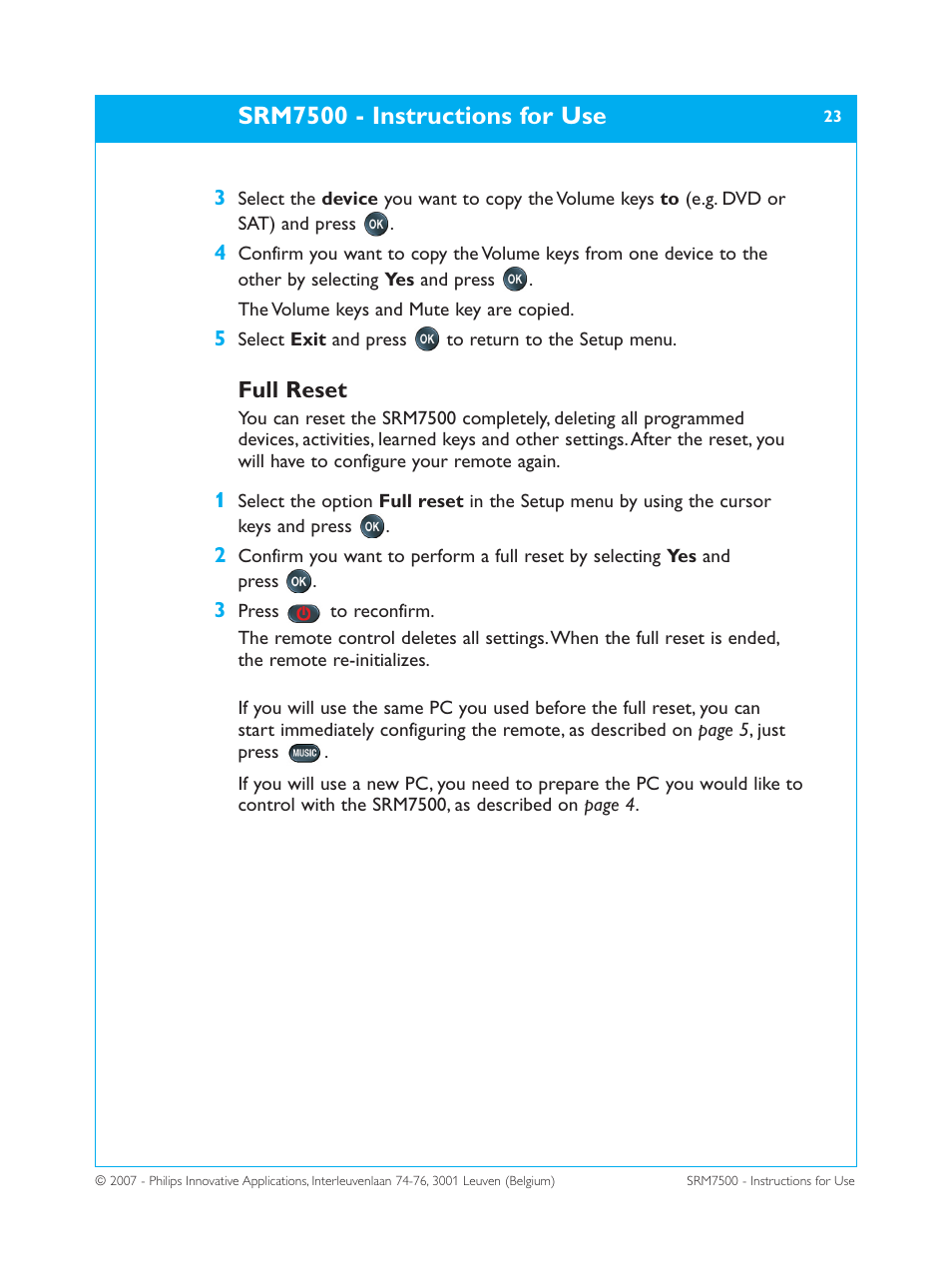 Srm7500 - instructions for use, Full reset | Philips SRM7500 User Manual | Page 23 / 33
