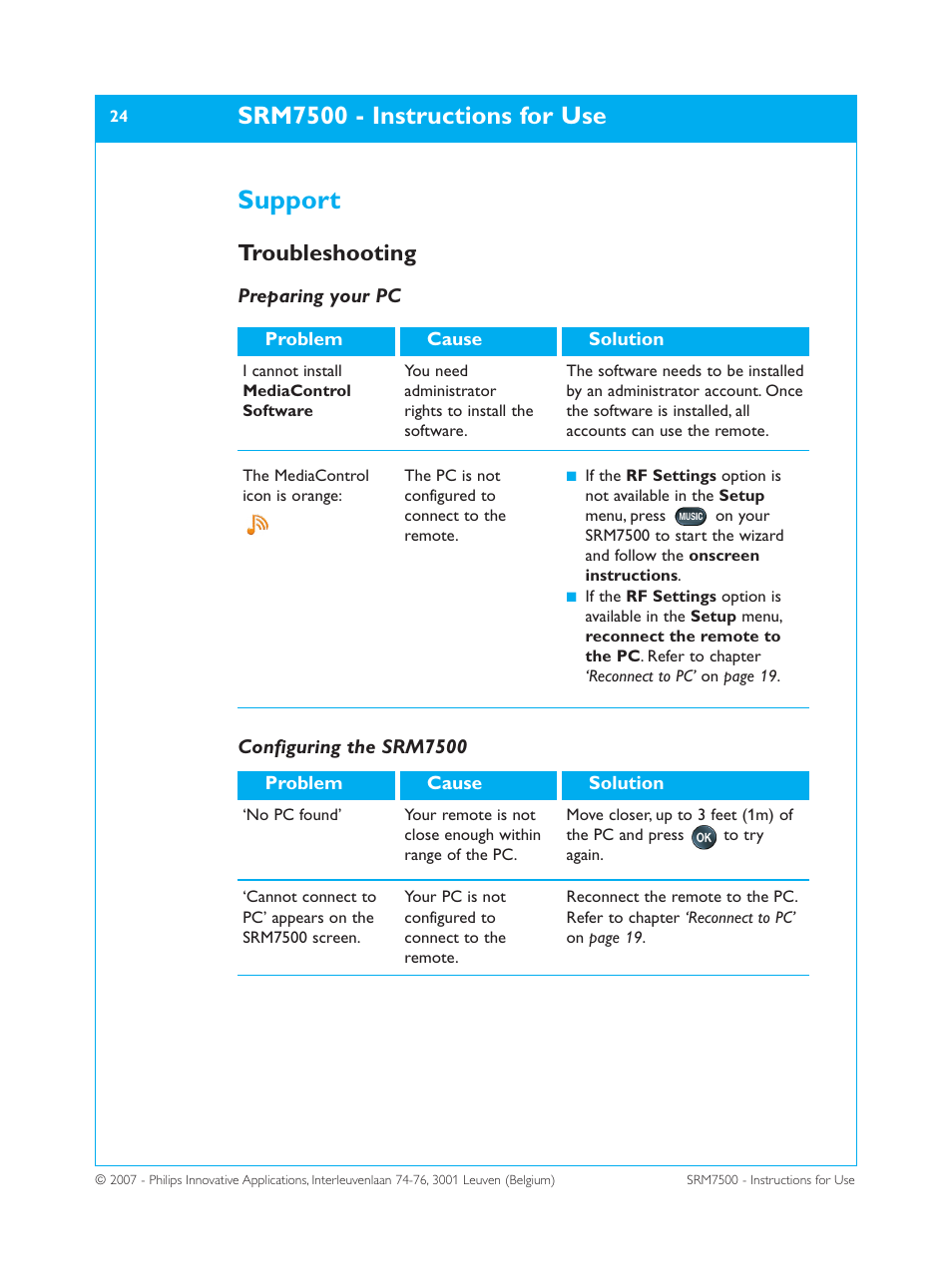 Support, Srm7500 - instructions for use, Troubleshooting | Philips SRM7500 User Manual | Page 24 / 33