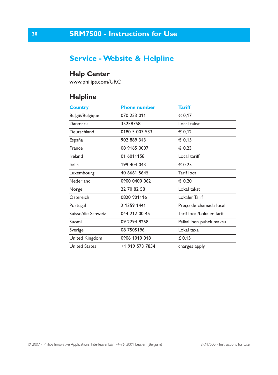 Service - website & helpline, Srm7500 - instructions for use, Help center | Helpline | Philips SRM7500 User Manual | Page 30 / 33