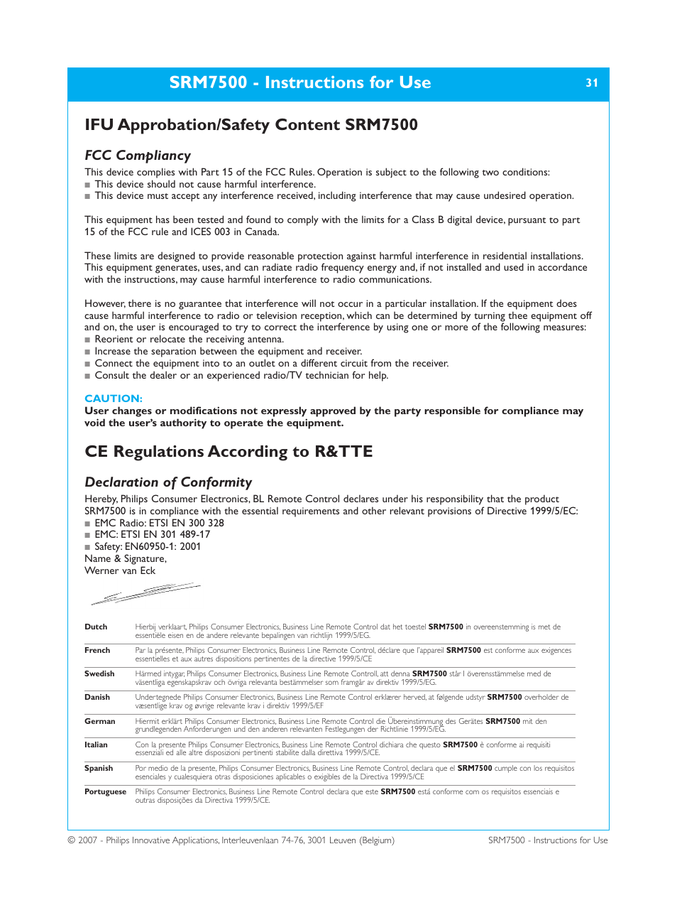 Srm7500 - instructions for use, Ifu approbation/safety content srm7500, Ce regulations according to r&tte | Fcc compliancy, Declaration of conformity | Philips SRM7500 User Manual | Page 31 / 33