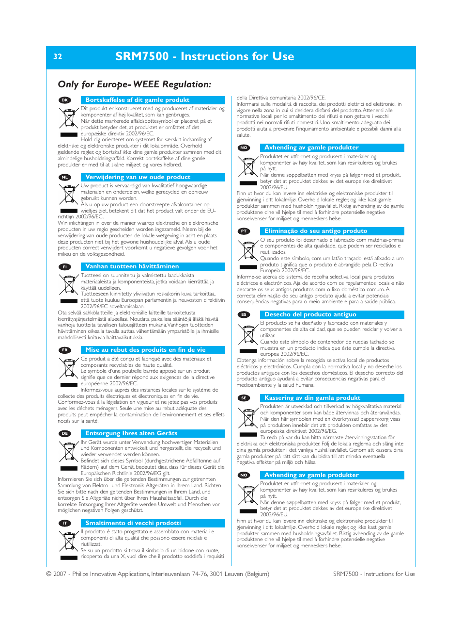 Srm7500 - instructions for use, Only for europe- weee regulation | Philips SRM7500 User Manual | Page 32 / 33