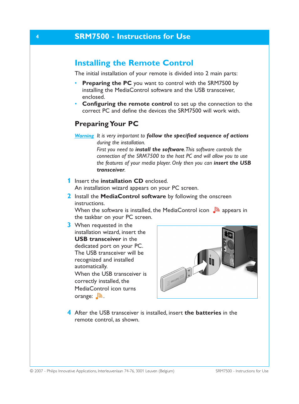 Installing the remote control, Srm7500 - instructions for use, Preparing your pc | Philips SRM7500 User Manual | Page 4 / 33