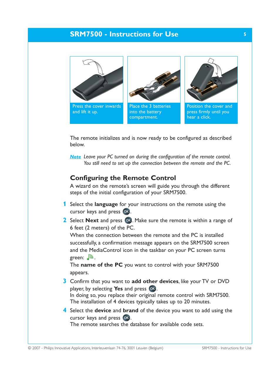 Srm7500 - instructions for use, Configuring the remote control | Philips SRM7500 User Manual | Page 5 / 33