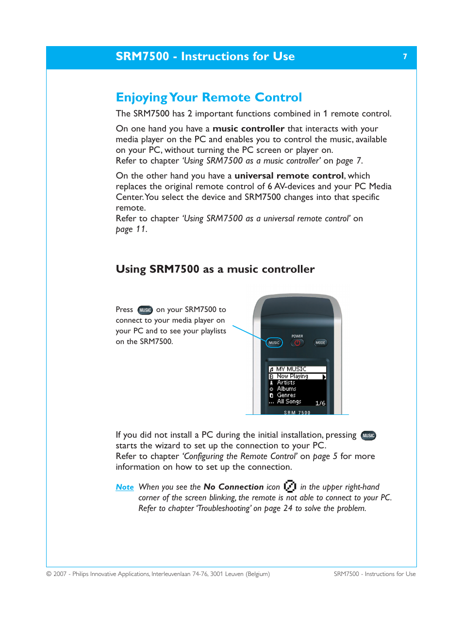 Enjoying your remote control, Srm7500 - instructions for use, Using srm7500 as a music controller | Philips SRM7500 User Manual | Page 7 / 33