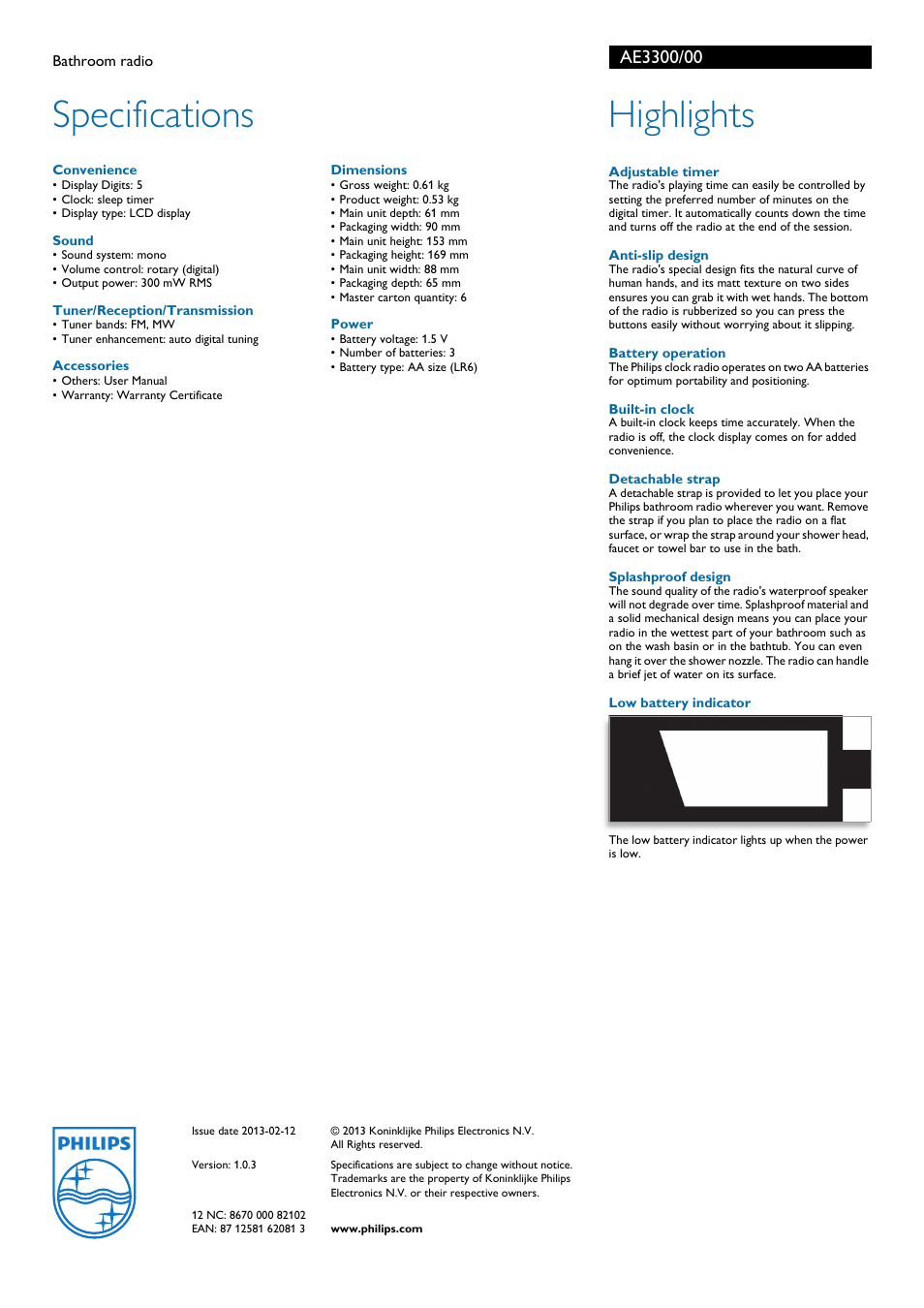 Specifications, Highlights | Philips BATHROOM RADIO AE3300 User Manual | Page 2 / 2