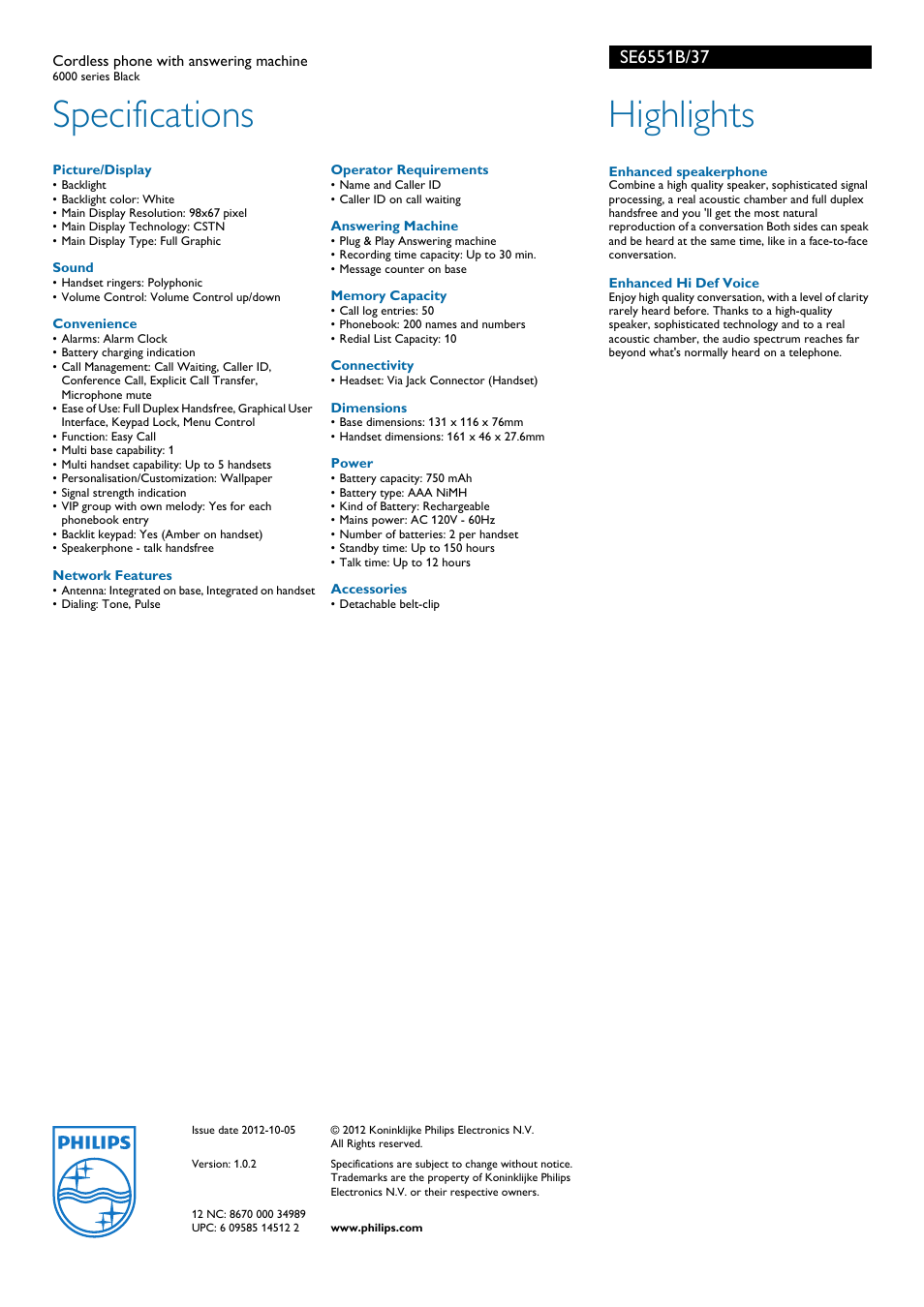 Specifications, Highlights | Philips SE6551B User Manual | Page 2 / 2