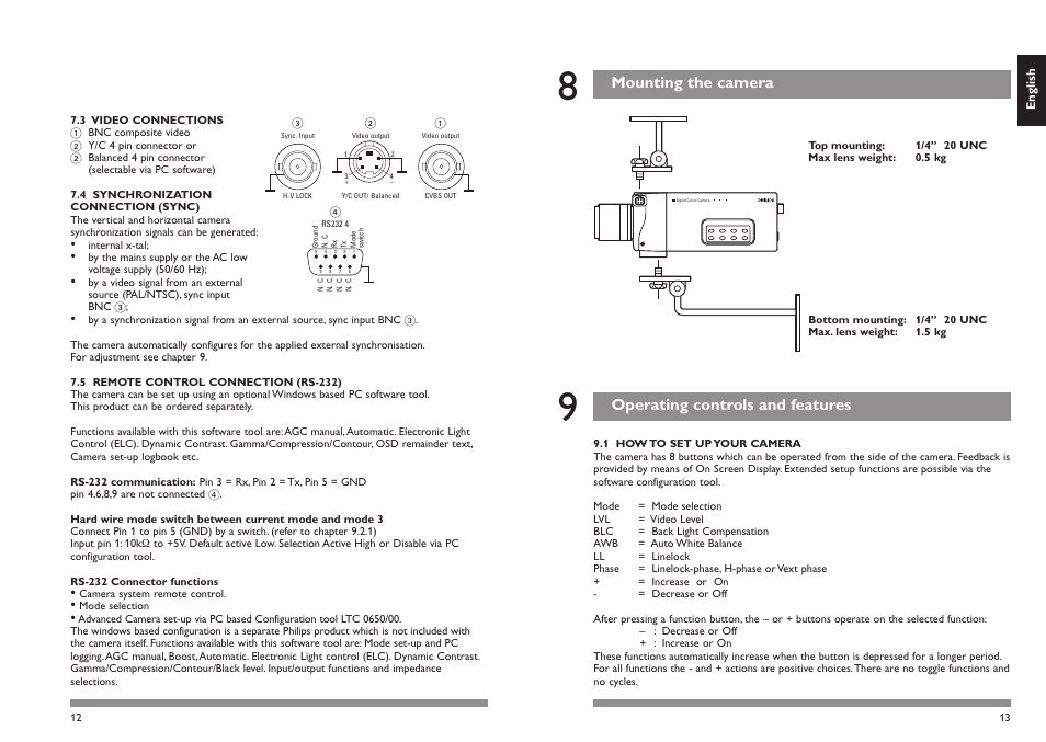 Mounting the camera, Operating controls and features | Philips LTC0600 User Manual | Page 8 / 11