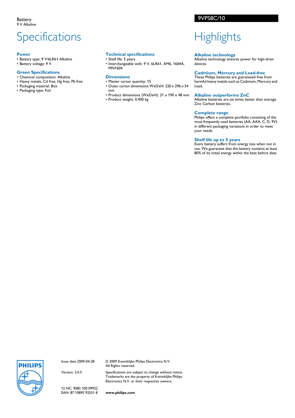 Specifications, Highlights, 9vps8c/10 | Philips PowerLife 9VPS8C User Manual | Page 2 / 2