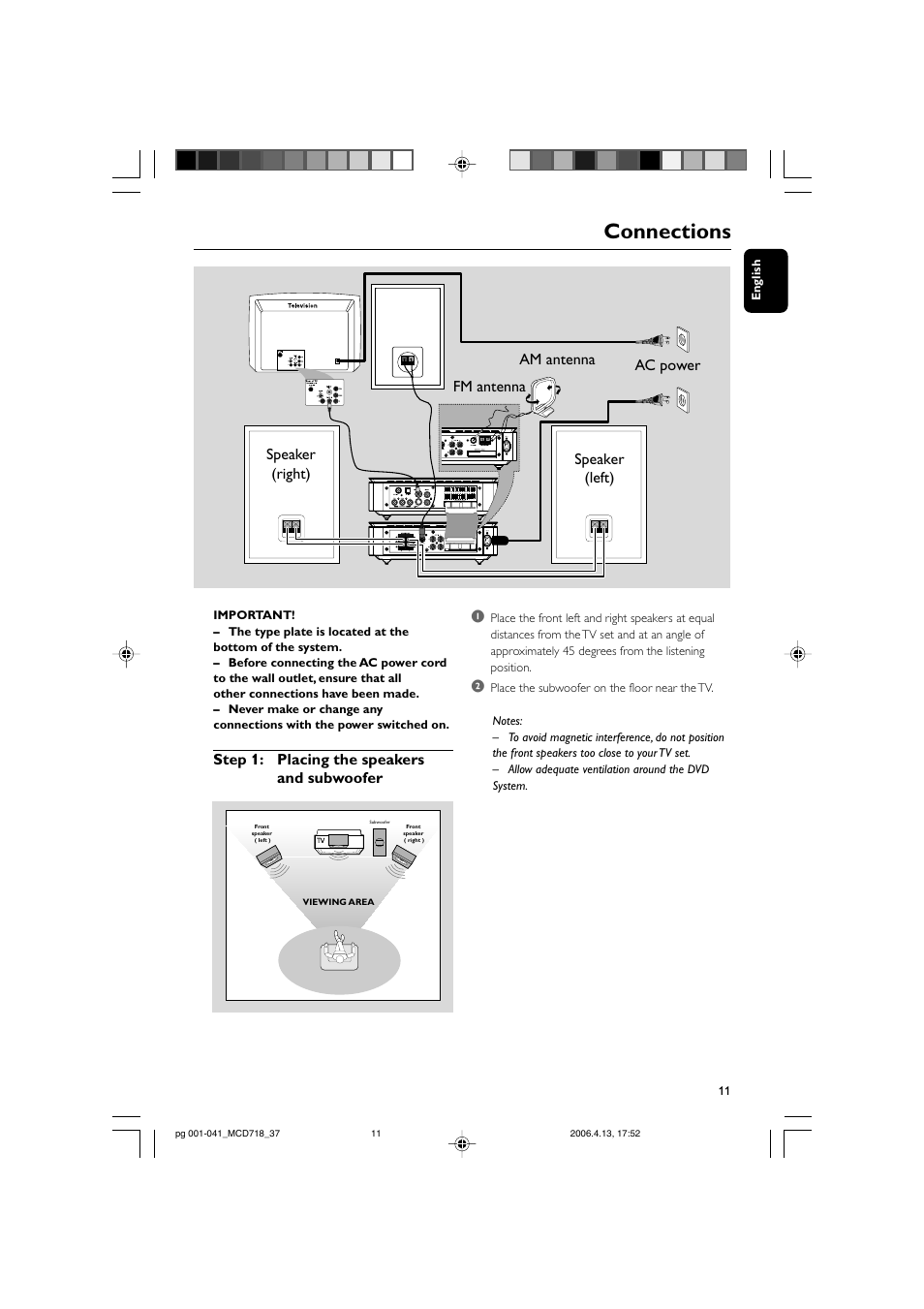 Connections, Step 1: placing the speakers and subwoofer | Philips DVD Micro Theatre MCD718 User Manual | Page 11 / 43