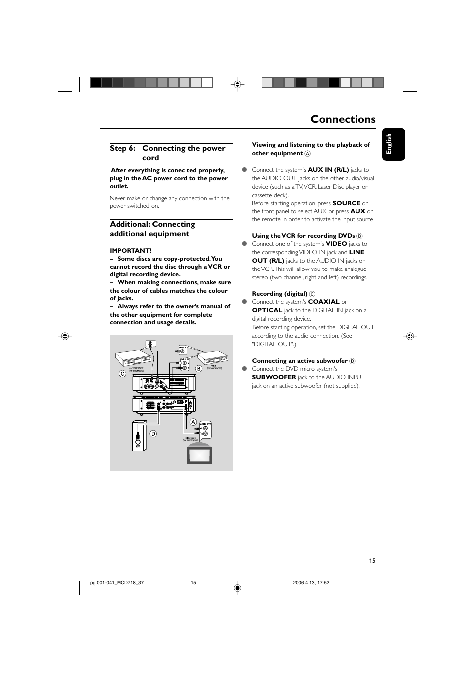 Connections, Step 6: connecting the power cord, Additional: connecting additional equipment | Philips DVD Micro Theatre MCD718 User Manual | Page 15 / 43