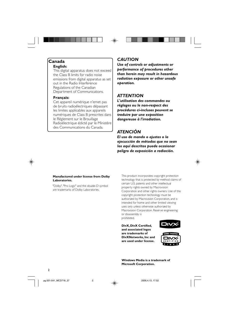 Canada, Caution, Attention | Atención | Philips DVD Micro Theatre MCD718 User Manual | Page 2 / 43