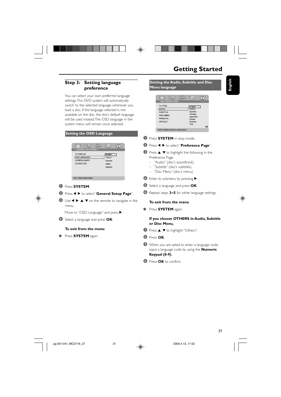 Getting started | Philips DVD Micro Theatre MCD718 User Manual | Page 21 / 43