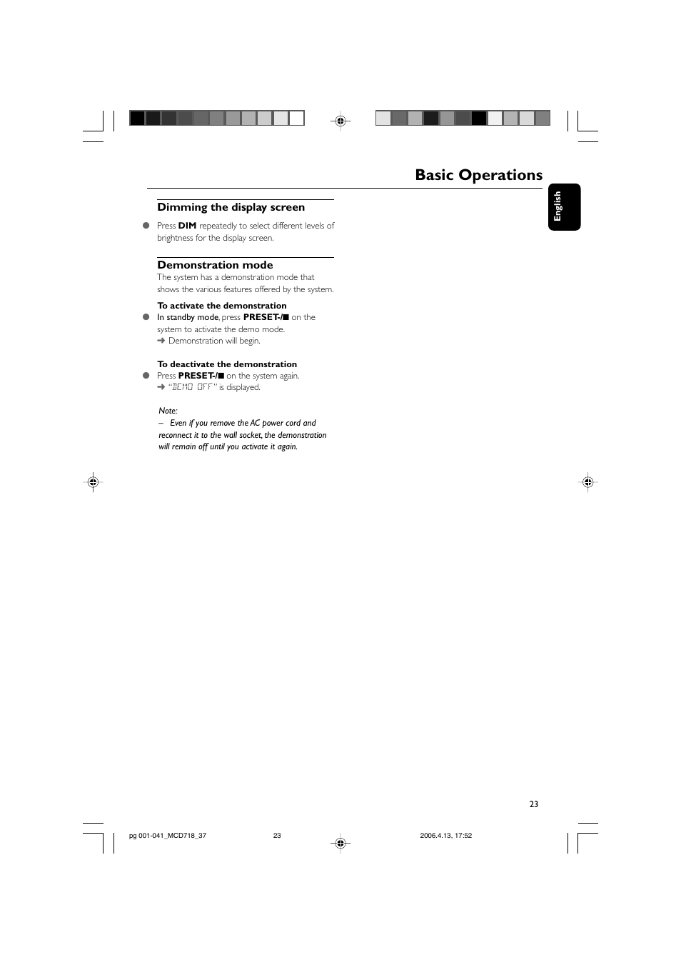 Basic operations, Dimming the display screen, Demonstration mode | Philips DVD Micro Theatre MCD718 User Manual | Page 23 / 43