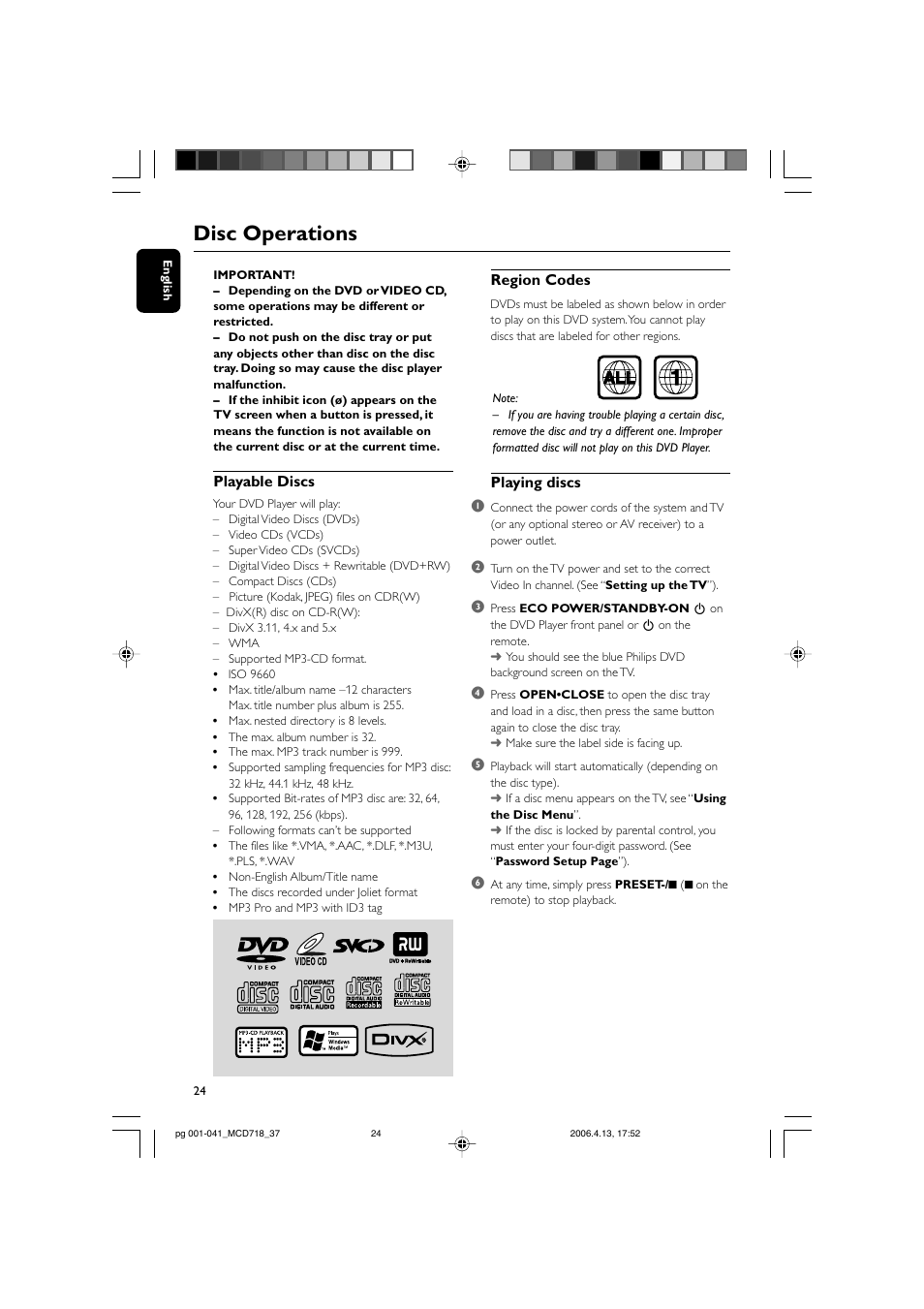 Disc operations | Philips DVD Micro Theatre MCD718 User Manual | Page 24 / 43