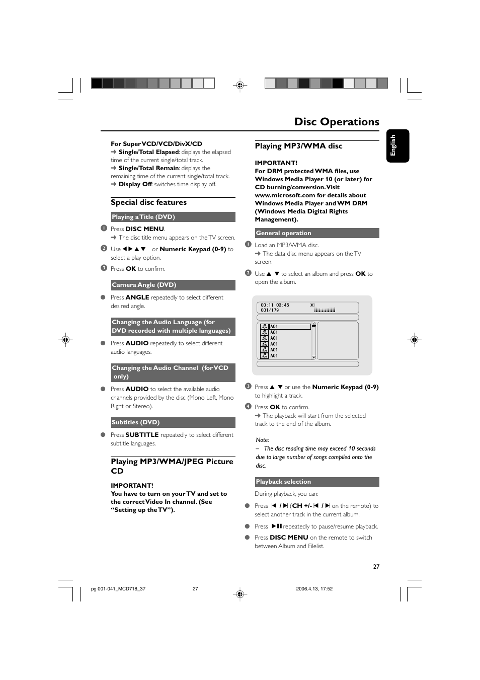 Disc operations | Philips DVD Micro Theatre MCD718 User Manual | Page 27 / 43