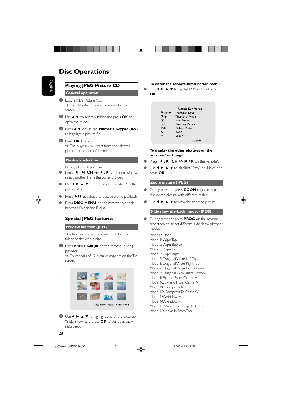 Disc operations, Playing jpeg picture cd, Special jpeg features | Philips DVD Micro Theatre MCD718 User Manual | Page 28 / 43