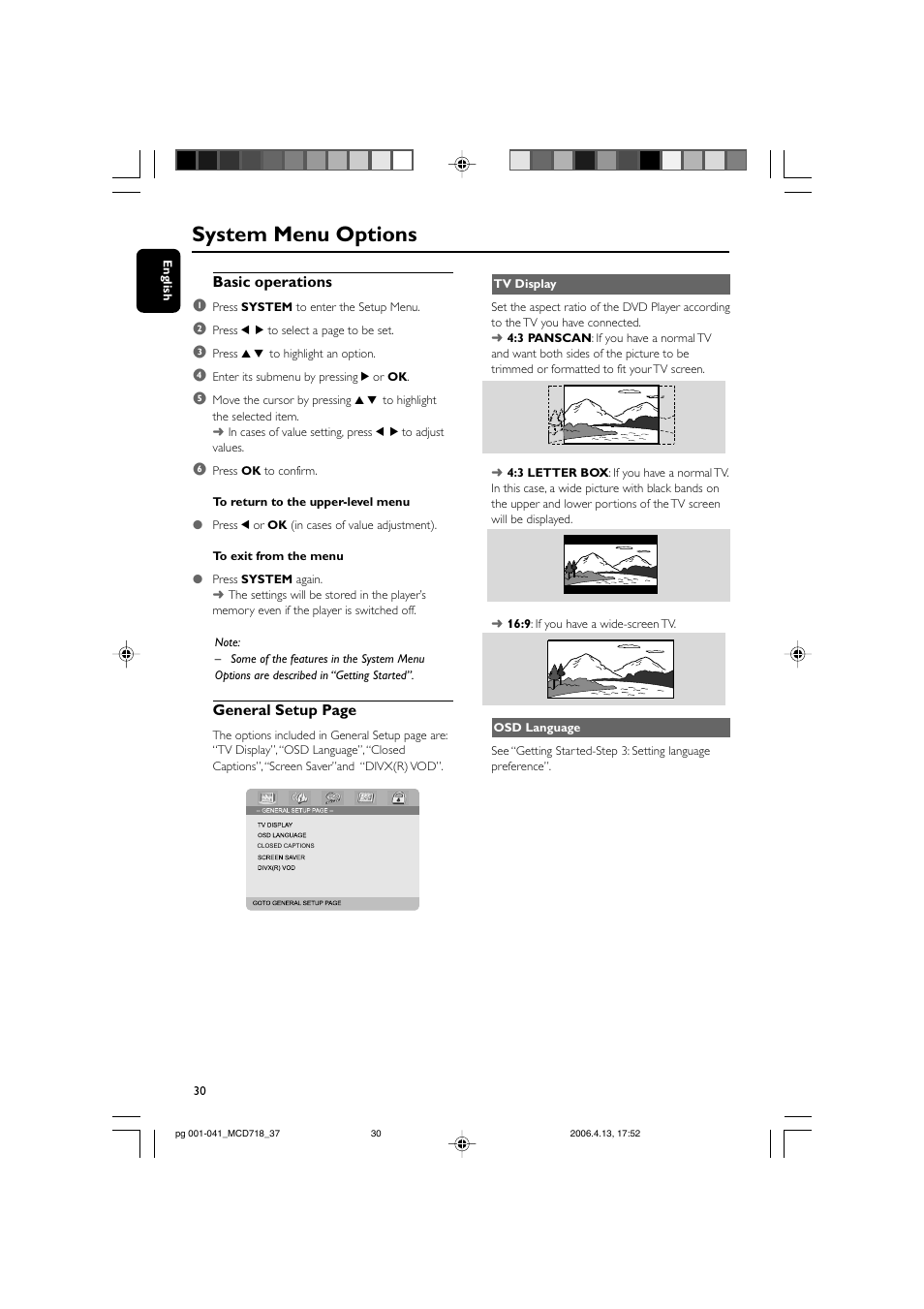 System menu options, Basic operations 1, General setup page | Philips DVD Micro Theatre MCD718 User Manual | Page 30 / 43