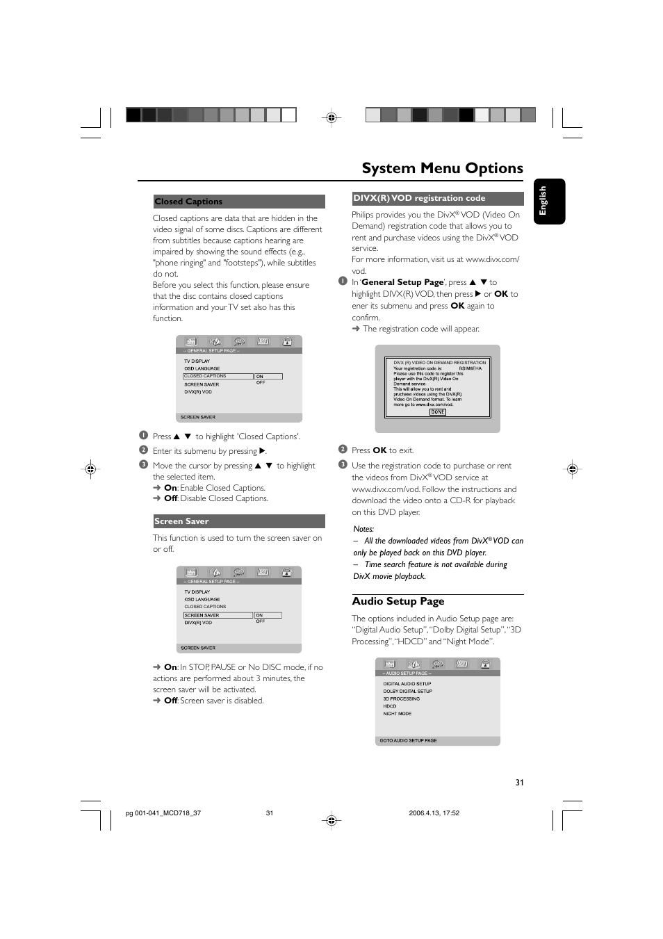 System menu options, Audio setup page | Philips DVD Micro Theatre MCD718 User Manual | Page 31 / 43