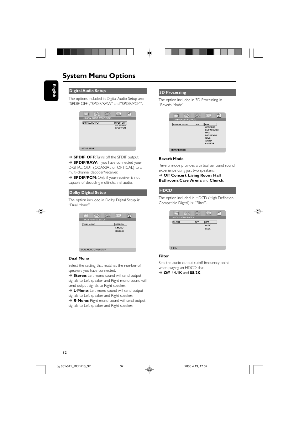 System menu options | Philips DVD Micro Theatre MCD718 User Manual | Page 32 / 43