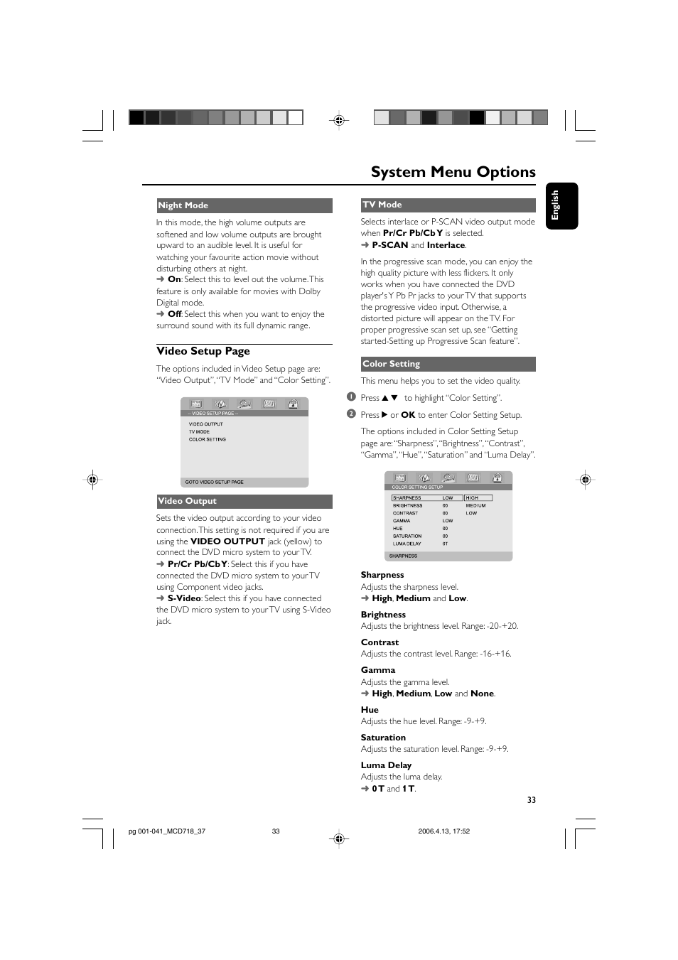 System menu options, Video setup page | Philips DVD Micro Theatre MCD718 User Manual | Page 33 / 43