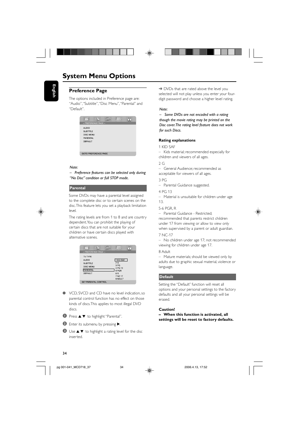 System menu options, Preference page | Philips DVD Micro Theatre MCD718 User Manual | Page 34 / 43