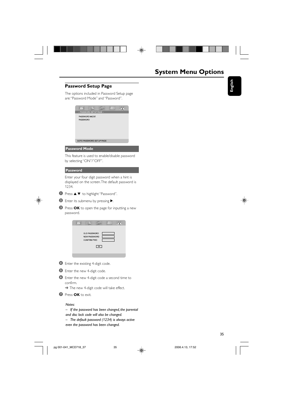System menu options | Philips DVD Micro Theatre MCD718 User Manual | Page 35 / 43